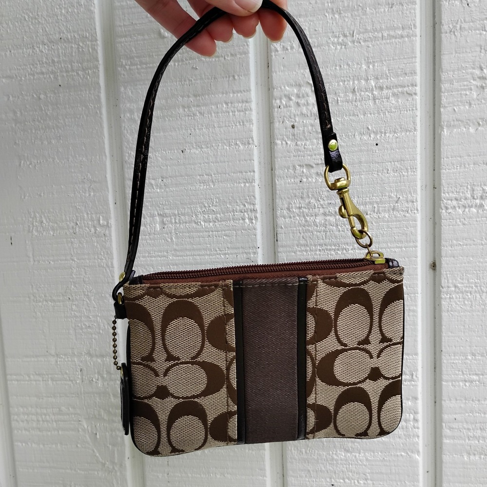 Coach Corner Zip Wristlet In Signature Canvas Khaki Brown Stripe Gold Hang Tag